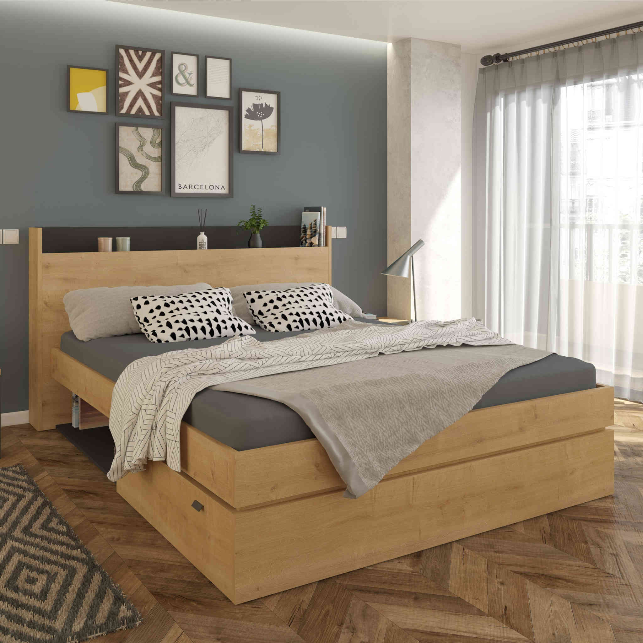 Lit 2 places + Tête de lit Nomade 160x200 cm en bois écologiques