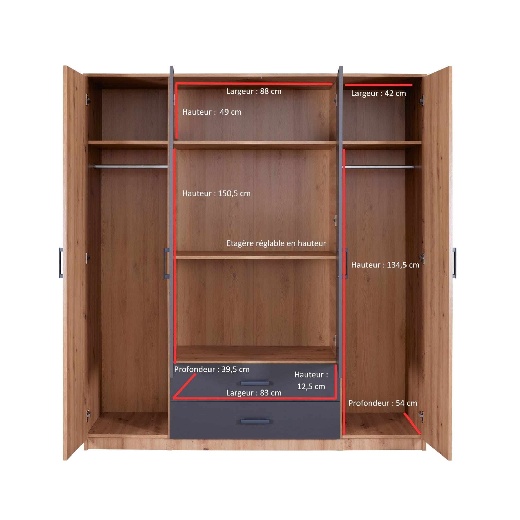 162 cm de large Armoire avec 4 portes, 8 casiers et 3 tiroirs en bois massif, Couleur: Chêne Rustique