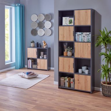 Etagère 10 cases en bois anthracite avec 5 portes battantes chêne artisan - ET12116