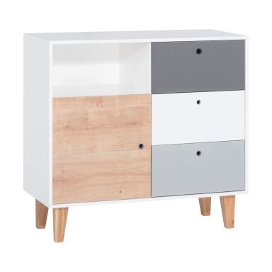 Commode 3 tiroirs 1 porte naturelle avec niche de rangement en bois avec pieds en chêne massif - CO17019