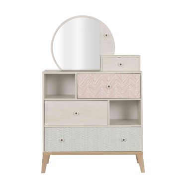 Commode enfant 3 tiroirs 2 niches avec miroir en bois imitation chêne blanchi - CO5058-1 FOND BLANC