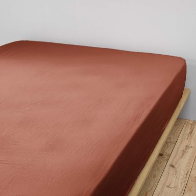 Drap housse double gaze de coton orange terracotta 140x190 cm