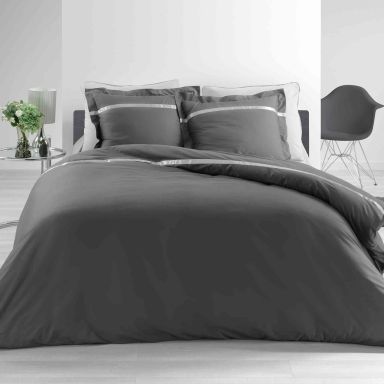 Parure de lit percale Satinéa anthracite/blanc