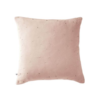 Taie d'oreiller à pois brodés double gaze de coton rose 60x60 cm