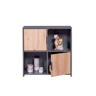 Etagère 4 cases en bois anthracite avec 2 portes battantes chêne artisan - ET12115