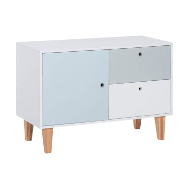 Commode 2 tiroirs 1 porte bleue en bois avec pieds en chêne massif - CO17022