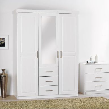 Armoire 3 portes 3 tiroirs en bois massif blanc avec miroir - AR12045