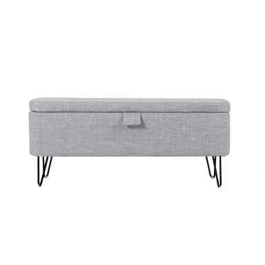 Banc de lit en tissu gris avec coffre de rangement et pieds épingles noirs - BA17025