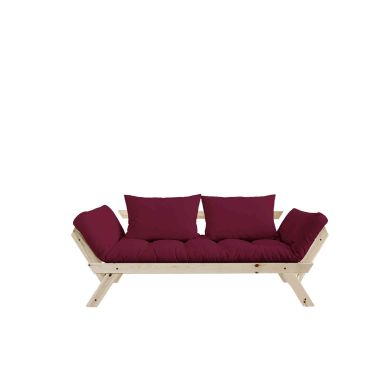 Banquette en pin massif naturel avec un matelas futon bordeaux 75x200. Ajustable en 3 positions. Moderne et confortable. Livré en kit avec notice de montage.