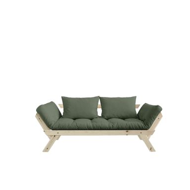 Banquette ajustable en pin massif naturel matelas vert olive 75x200 + coussins 40x60 inclus