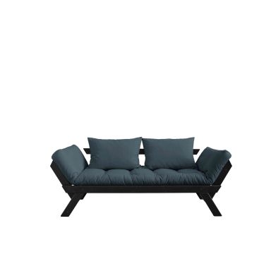 Banquette ajustable en pin massif noir matelas bleu pétrole 75x200 + coussins 40x60 inclus