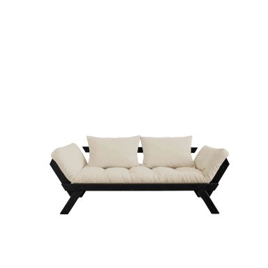 Banquette ajustable en pin massif noir matelas écru 75x200 + coussins 40x60 inclus