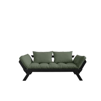 Banquette ajustable en pin massif noir matelas vert olive 75x200 + coussins 40x60 inclus