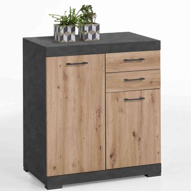 Commode 2 portes 2 tiroirs en bois imitation chêne clair et anthracite - CO13003