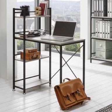 Bureau avec étagères de rangement en acier noir et bois imitation béton - BU15045