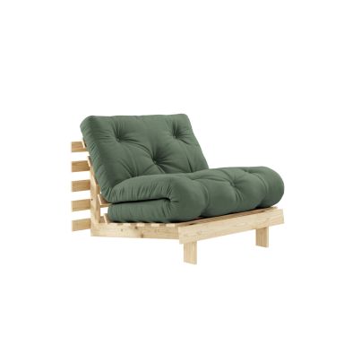 Canapé convertible ROOTS en pin massif naturel avec matelas futon vert 90x200