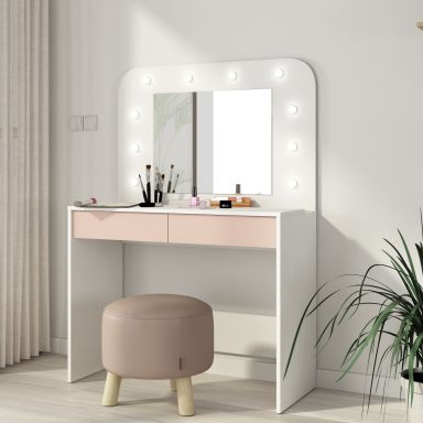 Coiffeuse enfant en bois blanc et rose avec miroir et LED - CF9076