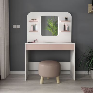 Coiffeuse enfant avec miroir en bois blanc et rose - CF9011