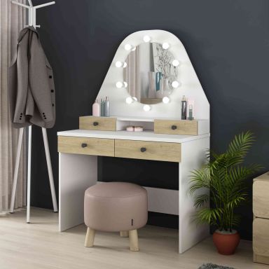 Coiffeuse enfant avec miroir en bois blanc et imitation chêne - CF9010