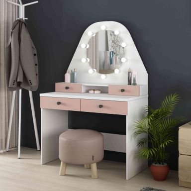 Coiffeuse enfant avec miroir en bois blanc et rose - CF9010