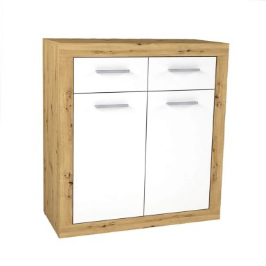 Commode 2 portes 2 tiroirs imitation chêne artisan et blanc brillant - CO13055-1