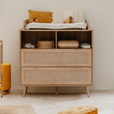 Commode à langer bébé 2 tiroirs en bois effet cannage - CO7085