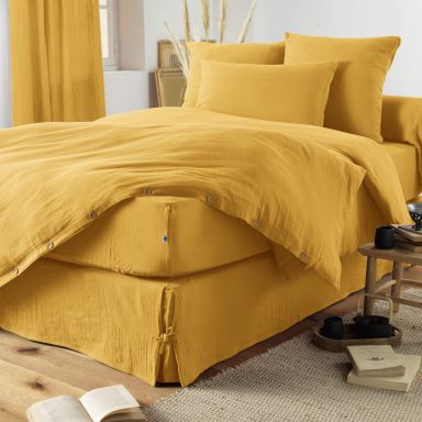 Housse de couette double gaze de coton jaune safran 240x220 cm