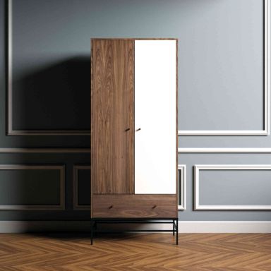 Armoire 2 portes 1 tiroir en bois imitation noyer avec pieds en acier - BI0046