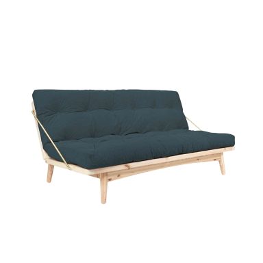 Banquette ajustable FOLK en pin massif naturel avec matelas futon bleu marine 130x190