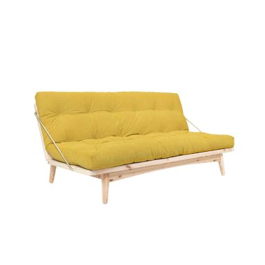 Banquette ajustable FOLK en pin massif naturel avec matelas futon jaune 130x190