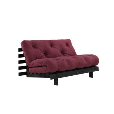 Canapé convertible en pin massif noir avec matelas futon bordeaux 140x200