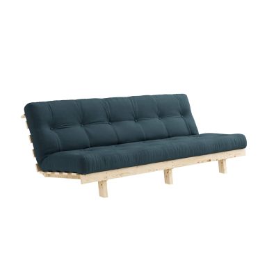 Banquette ajustable LEAN en pin massif naturel avec matelas futon bleu pétrole 130x190