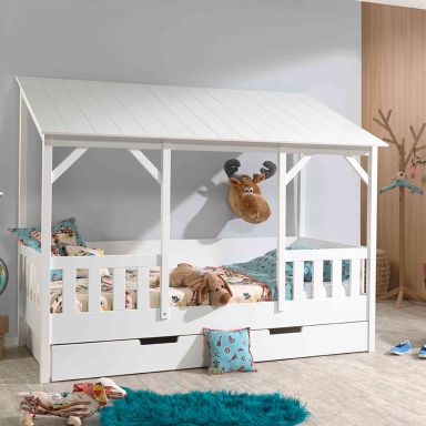 Lit cabane enfant avec toit blanc en bois 90x200 + tiroir de lit