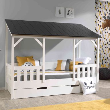 Lit cabane enfant avec toit noir en bois 90x200 + tiroir de lit