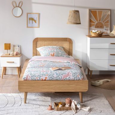 Ensemble lit en bois naturel 90x190cm + tête de lit 90cm en cannage SMOOTHCLOUD - LT38006
