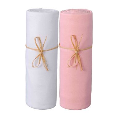 Lot de 2 draps housses bébé jersey bio spécial Cododo 50x80 blanc et rose - fond blanc