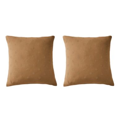 Lot de 2 taies d'oreillers brodées double gaze de coton marron 60x60