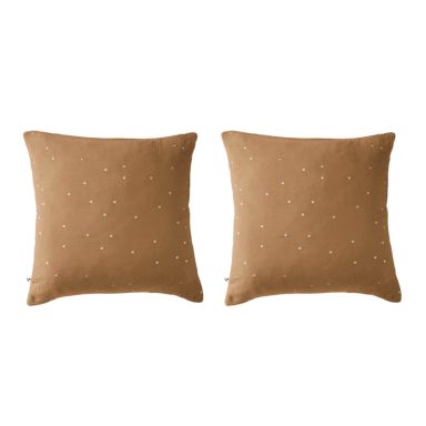 Lot de 2 taies d'oreillers à pois brodés double gaze de coton marron 60x60