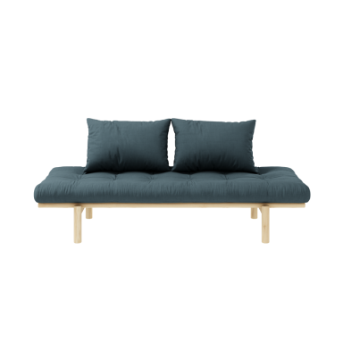 Sofa en pin massif naturel matelas bleu pétrole 75x200 + coussins 40x60 inclus