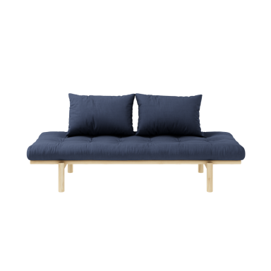 Sofa en pin massif naturel matelas bleu 75x200 + coussins 40x60 inclus