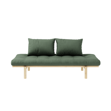 Sofa en pin massif naturel matelas vert 75x200 + coussins 40x60 inclus