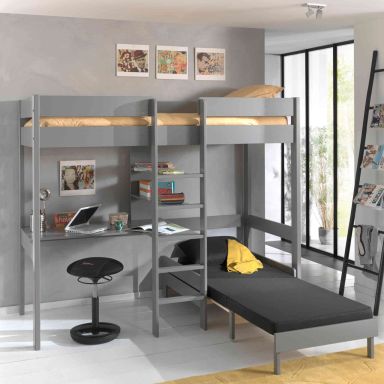 Lit enfant mezzanine avec fauteuil convertible en bois massif gris 90x200 cm - LT2045