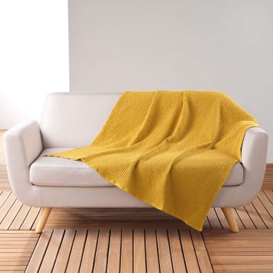 Plaid gaufrette en coton uni jaune 125x150 cm