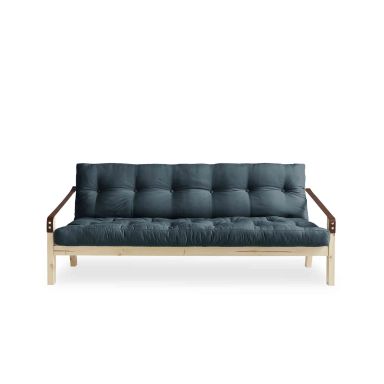 Banquette convertible en pin naturel avec matelas futon bleu pétrole