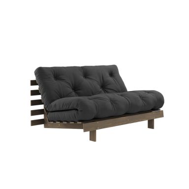 Canapé convertible ROOTS en pin massif foncé et matelas futon anthracite 140x200