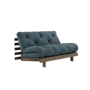 Canapé convertible ROOTS en pin massif foncé et matelas futon bleu canard 140x200