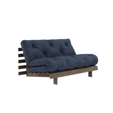 Canapé convertible ROOTS en pin massif foncé et matelas futon bleu 140x200