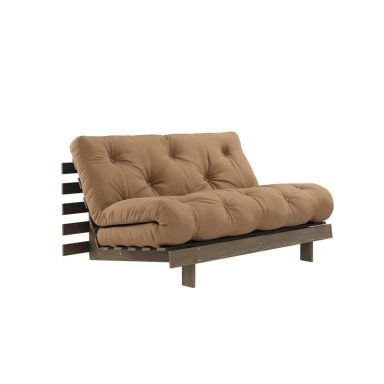 Canapé convertible ROOTS en pin massif foncé et matelas futon marron 140x200