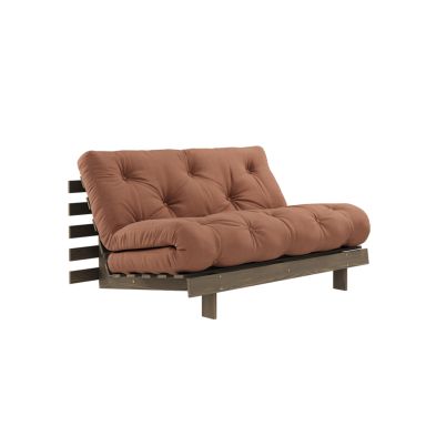 Canapé convertible ROOTS en pin massif foncé et matelas futon marron noisette 140x200