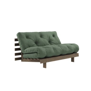 Canapé convertible ROOTS en pin massif foncé et matelas futon kaki 140x200